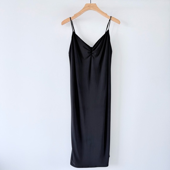 ZARA Black Slip Midi Dress Ruched Bust Adjustable Straps Minimalist Size L - Picture 2 of 8